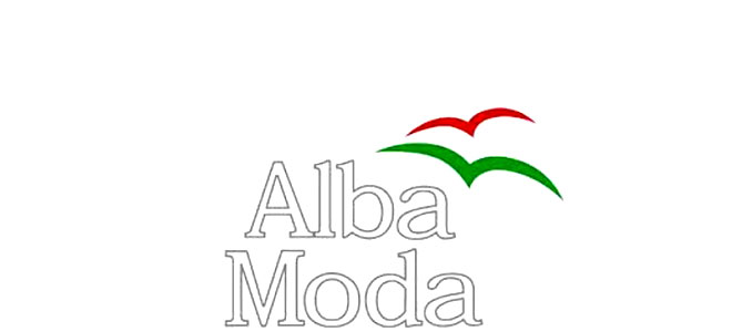 Alba Moda Logo Schriftzug in wei&szlig; mit einem gr&uuml;nen und roten Vogel
