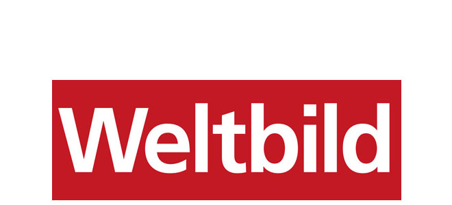 Weltbild Logo Schriftzug in wei&szlig; mit rotem Hintergrund